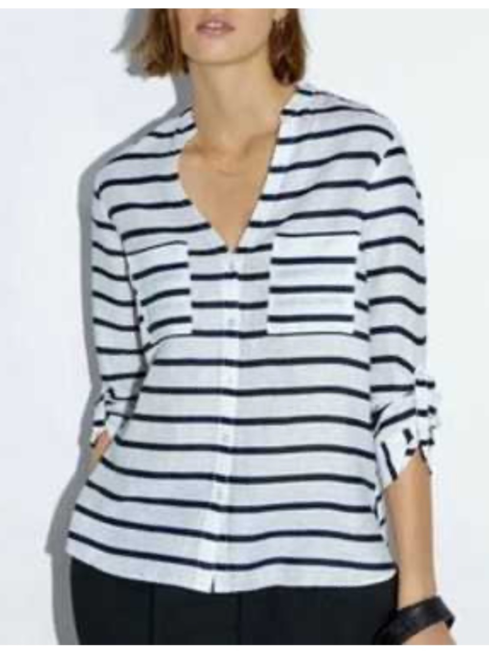 Zara Striped Linen Blend V-Neck Shirt in White & Navy L